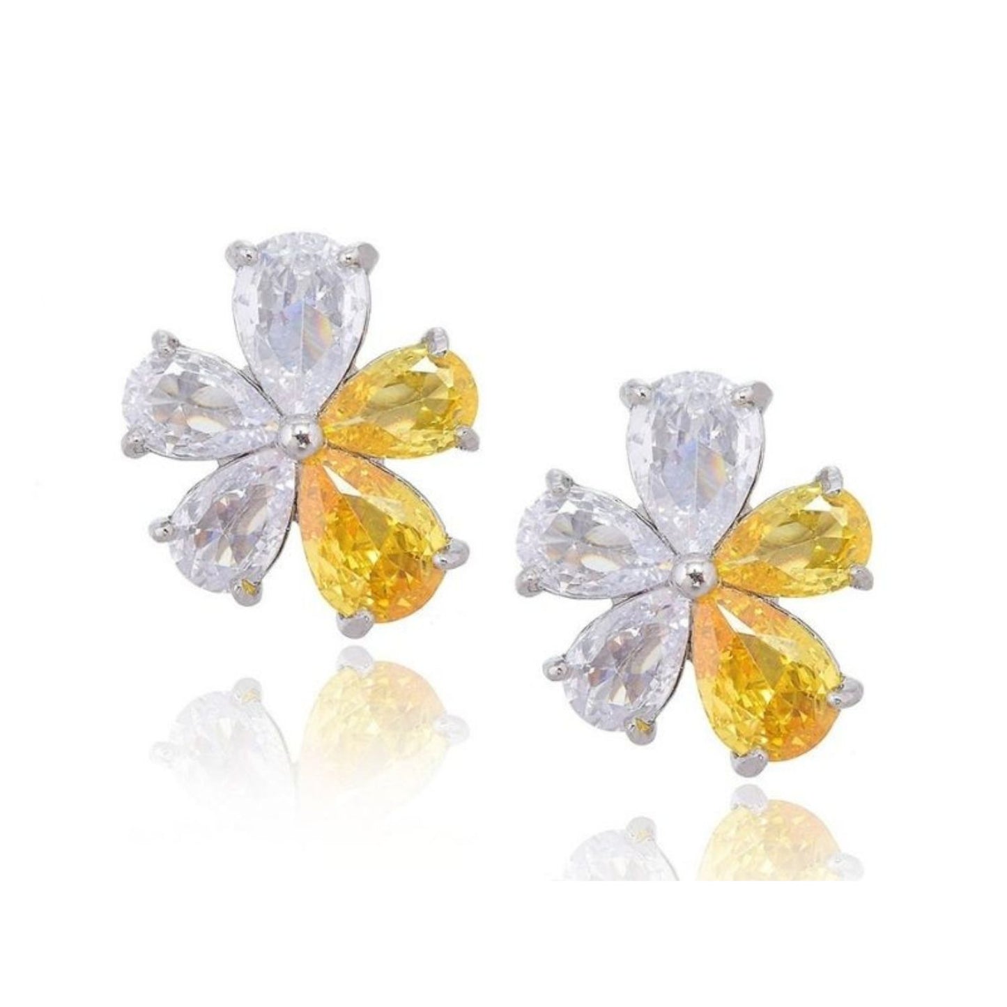 RIZILIA BLOSSOM 18K White Gold Plated Flower Earrings for Women, Pear Cut CZ [Simulated Yellow Citrine] Floral Stud Earrings, Trendy Jewelry Gift for Women Mom