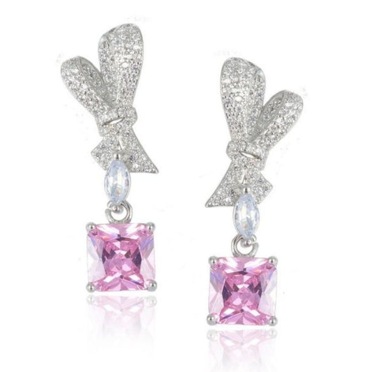 RIZILIA Bow 18K White Gold Plated Earrings for Women, Princess cut CZ [Simulated Pink Sapphire] Dangle Earrings, Trendy Jewelry Gift for Women