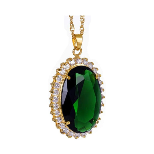 RIZILIA Lady Fashion Jewellry 1 Oval Cut Simulated Green Emerald Gem 18K Gold Plated Pendant Necklace
