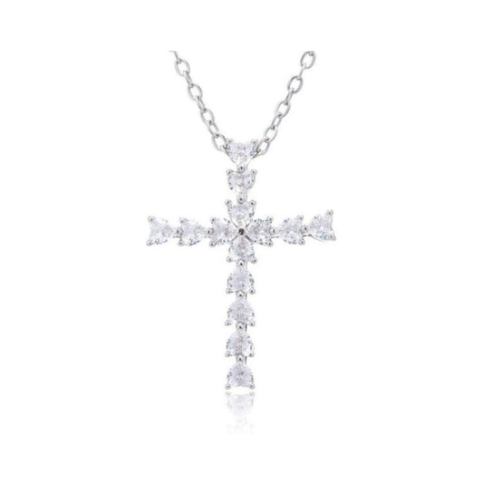RIZILIA 18K White Gold Plated Women's Cross Necklace, Heart Cut CZ [Simulated White Topaz] Cross Pendant Necklace for Women, Trendy Jewelry Gift for Women