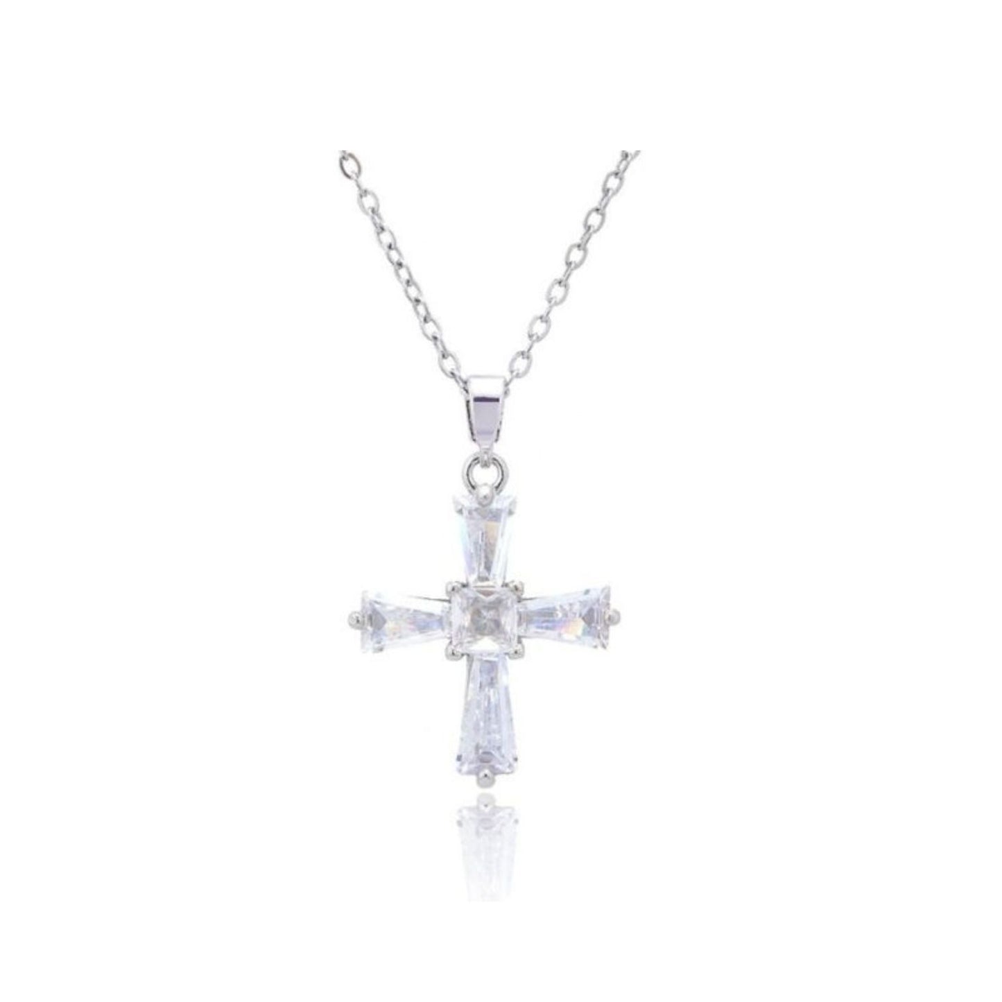 RIZILIA 18K White Gold Plated Women's Cross Necklace, Tapered Baguette Cut CZ [Simulated White Topaz] Dainty Cross Pendant Necklace for Women, Trendy Jewelry Gift for Women
