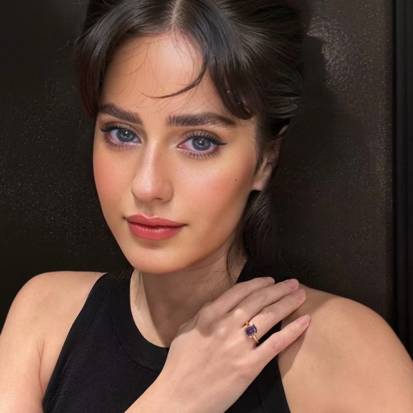 RIZILIA CELEBOX Solitaire Engagement Ring with Emerald Cut Gemstones CZ [6 Colors available] in Yellow Gold Plated, Celebrity inspired by Angelina Jolie