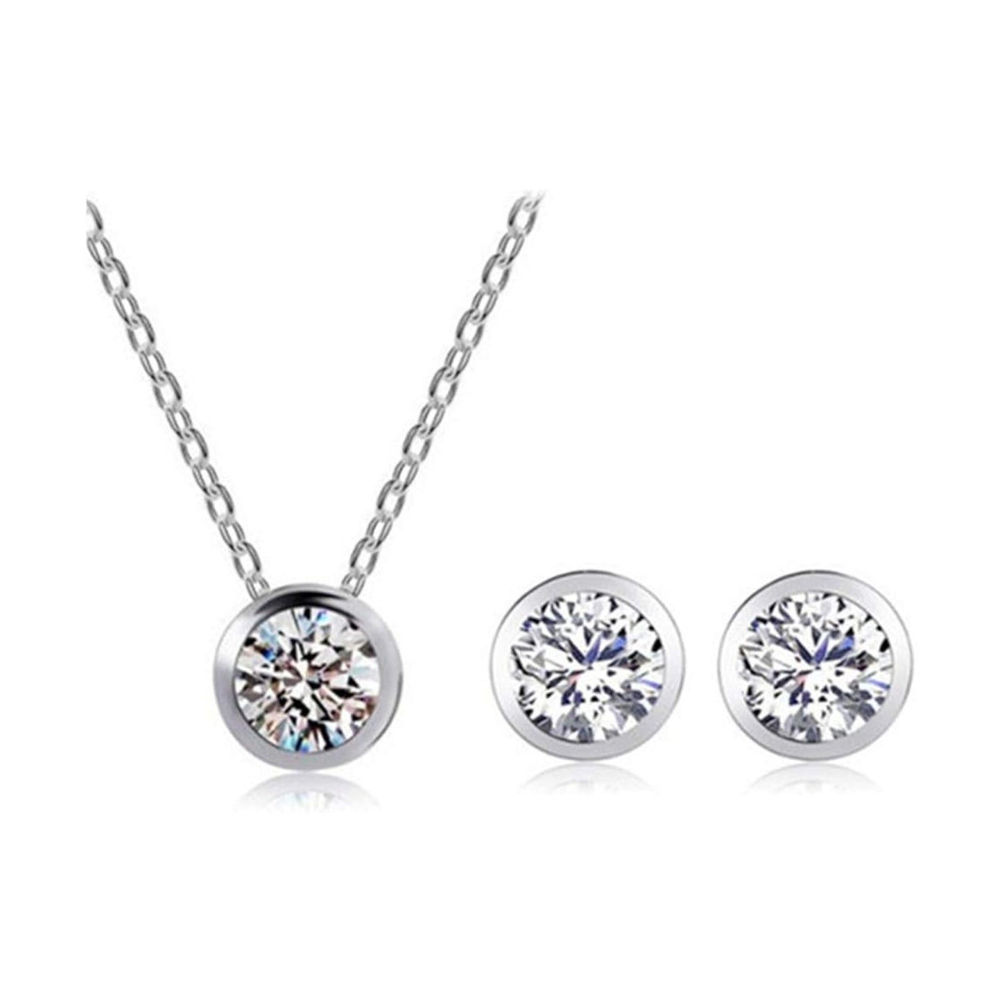RIZILIA Jewelry Set Pendant with 18" Chain & Stud Earrings Round Cut CZ [White Cubic Zirconia] in White Gold Plated, Simple Modern Elegant
